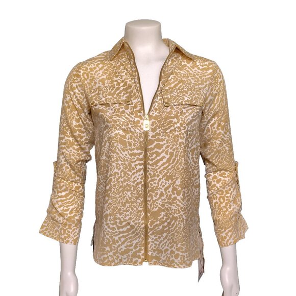 Michael Kors Petite Animal-Print Zip-Front Top - White/Khaki - Picture 1 of 4